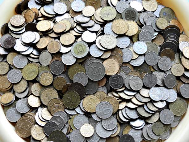 istock Pre-199 Russian ruble coins in bulk on a plastic tray 1304040671
