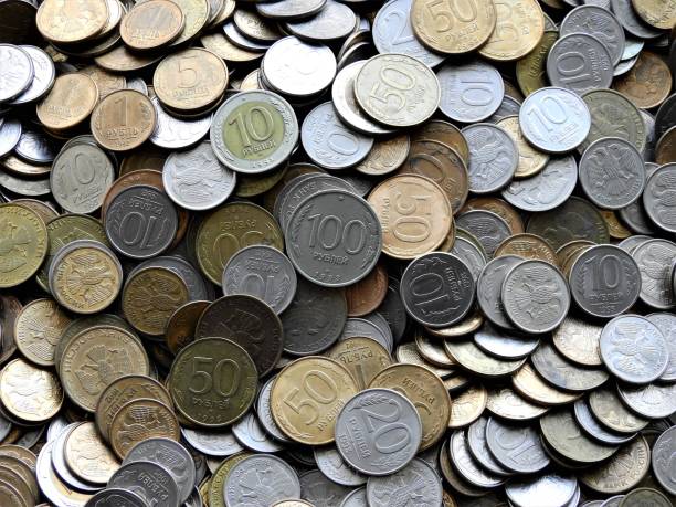 istock Pre-199 Russian ruble coins in bulk on a plastic tray 1304040673
