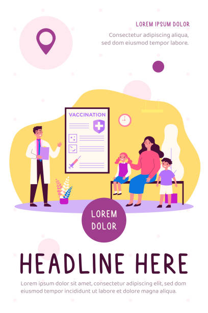 Mother with kids consulting pediatrician Mother with kids consulting pediatrician about vaccination in hospital. Doctor presenting vaccine. Can be used for healthcare, flu protection, disease prevention concept flu shot happy stock illustrations