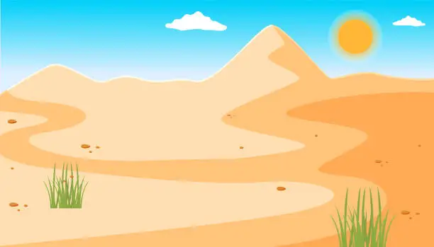 Vector illustration of Illustration of a desert with a clear blue sky, green plants. Desert mountains sandstone background
