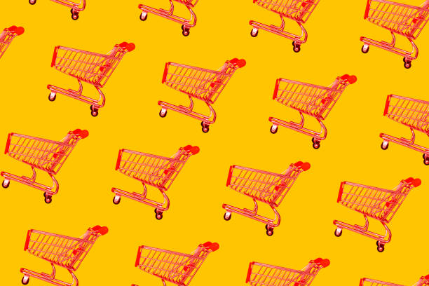 istock Empty red shopping basket in a store on a yellow background. Minimal style, pattern. Sale, discounts, shopaholism concept 1304043429
