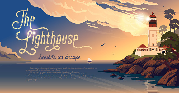 Lighthouse - vector landscape. Sea landscape with beacon on the beach at sunrise. Vector horizontal illustration in flat cartoon style.