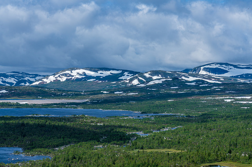 Beautiful nature view from the top of the Swedish highlands, with snow covered mountain tops, lakes and low growing green trees in summer sunlight