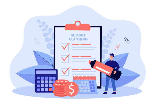 예산을 계획하는 작은 사람 - budget stock illustrations