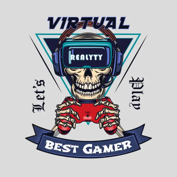 Vector illustration of Engraving badge with skeleton playing VR game