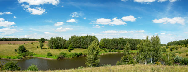 istock Summer rural panoramic landscape with beautiful river and green forest in sunny day 1304049819