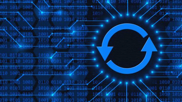 回線を接続する情報間の update サイン - ぼやけたハニカム要素の上に 4 桁のバイナリ コードの抽象的な背景 - ソフトウェア更新プログラム コンピュータ プログラム - patch ストックフォトと画像