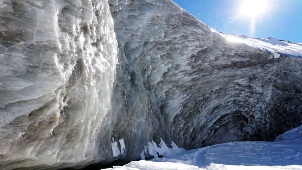 Photo of High ice wall in mountains. Bogdanovich Glacier