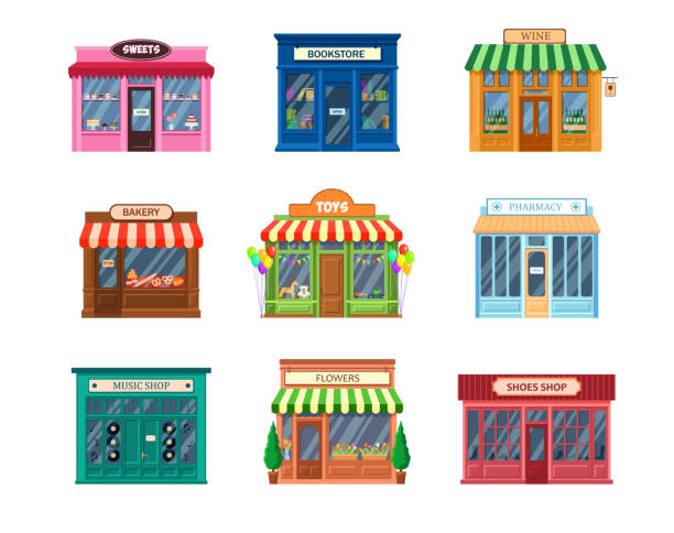 illustrations, cliparts, dessins animés et icônes de ensemble de diverses vitrines - liquor store