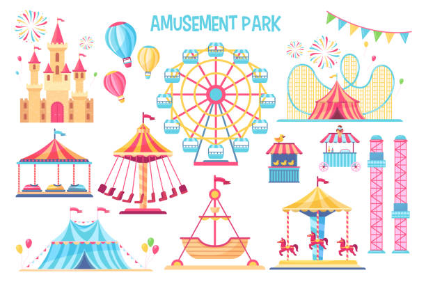 ilustraciones, imágenes clip art, dibujos animados e iconos de stock de coloridos elementos planos del parque de atracciones - parque de atracciones ilustraciones