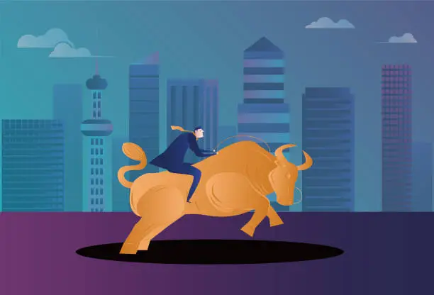 Vector illustration of Business man riding on the back of a cow and rushing forward in the city