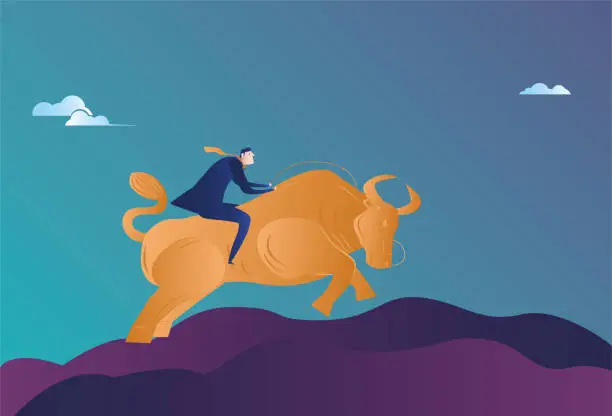 Vector illustration of Business man riding forward on the back of the cow