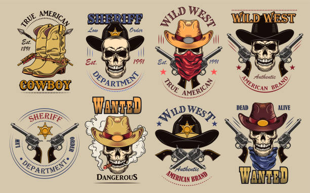 빈티지 와일드 웨스트 ��플랫 사인 세트 - wild west stock illustrations