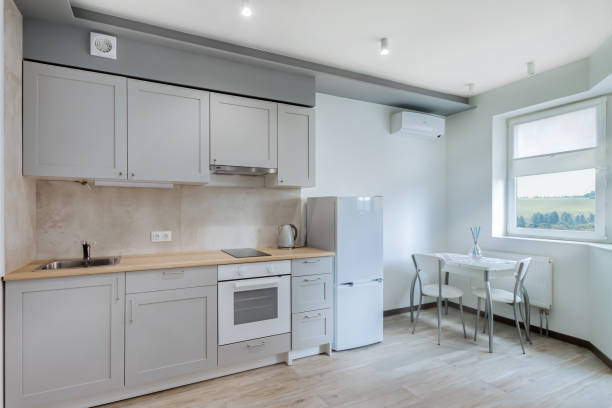 istock Cozy kitchen white Scandinavian relaxation interior. Home decor. Template, 3D render. 1304053189