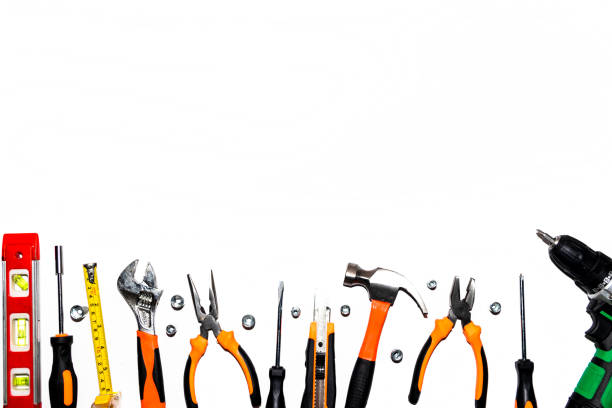 istock Group of used mechanical tools on a white background. With place for text, top view 1304053585