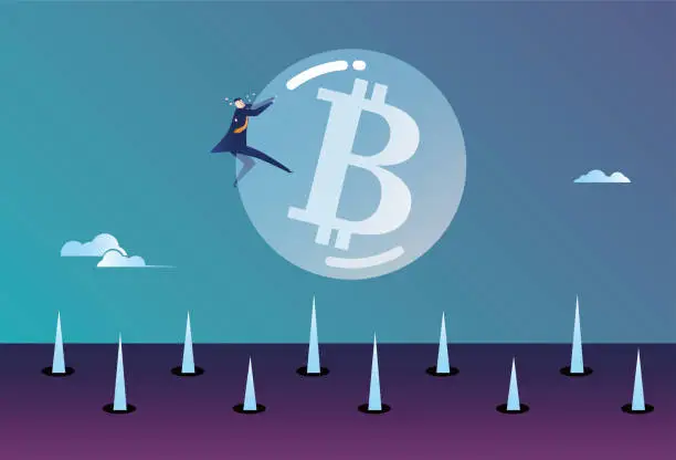 Vector illustration of A business man holding a bitcoin bubble is about to fall on the ground full of thorns, the bubble economy
