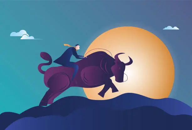 Vector illustration of Business man riding forward on the back of the cow