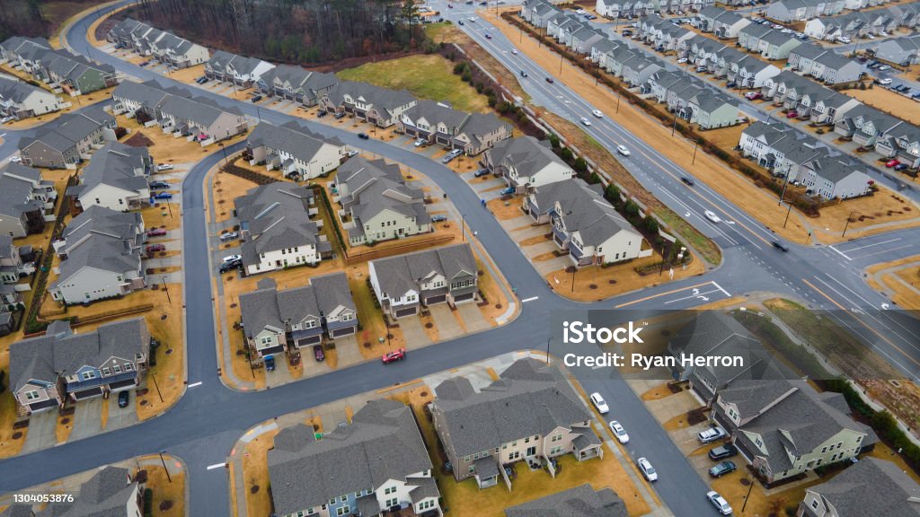 Aerial view of residential households in an American suburb House Stock Photo