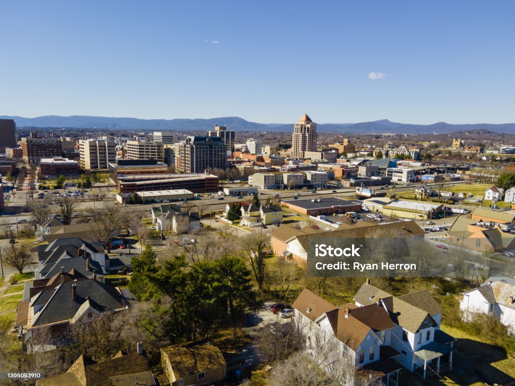 Aerial over Roanoke, Virginia Blue Ridge Mountains Stock Photo