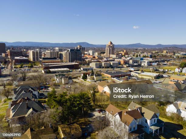 Aerial Over Roanoke Virginia Stock Photo - Download Image Now - Blue Ridge Mountains, Town, Virginia - US State