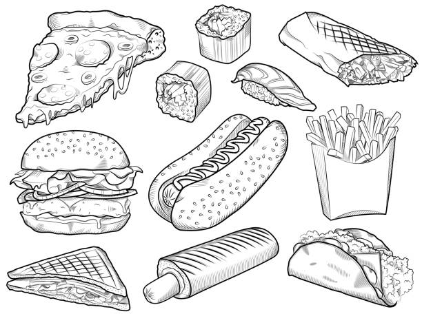 illustrations, cliparts, dessins animés et icônes de collection de restauration rapide dessinée à la main sur le tableau blanc, fond. restauration rapide pour la conception du menu pizza, hot-dog, frites, petits pains, hamburger, shawarma. illustration vectorielle - hotdogging