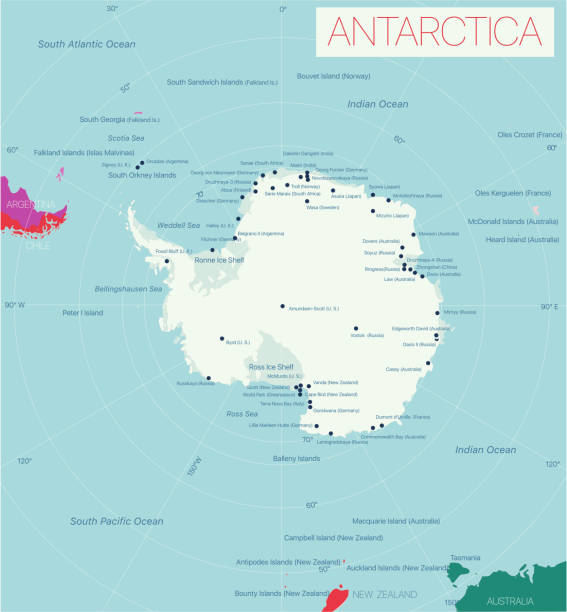 ilustraciones, imágenes clip art, dibujos animados e iconos de stock de mapa editable de la antártida - arctic station snow science