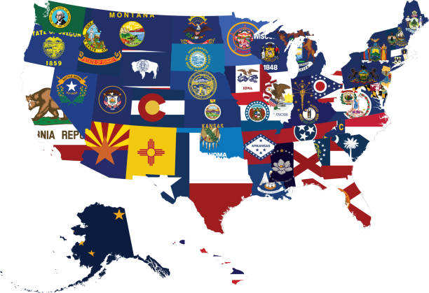 Collection of US federal states flags inside the map of United States of America vector illustration of Collection of US federal states flags inside the map of United States of America us state flag stock illustrations