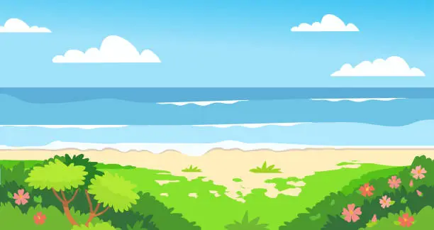 Vector illustration of Summer background with copy space for text - landscape with exotic plants, leaves, sea, ocean - background for banner, greeting card, poster for travel blog or agency. Seaside view with blue sky.