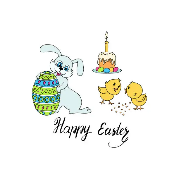 Vector illustration of Easter set bright with chickens, rabbit and cake with a candle.