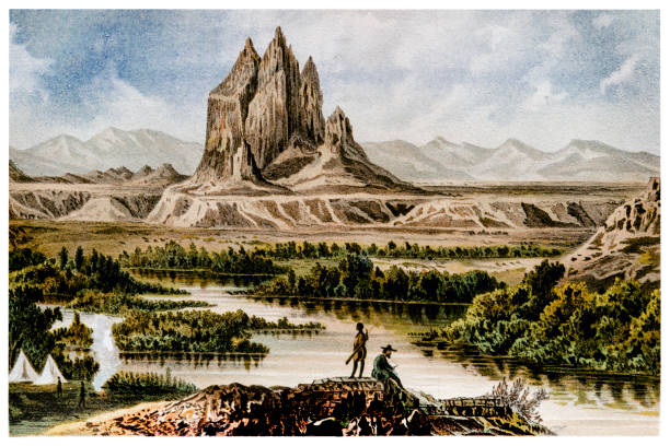 New Mexican landmark Shiprock Illustration of a New Mexican landmark Shiprock new mexico landscape stock illustrations