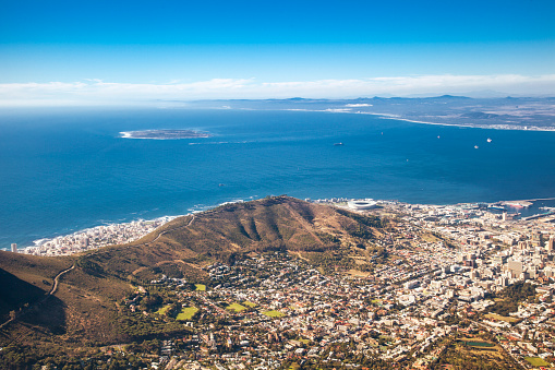 The view from Table Mountain. Cape Town Stadium in the center of the photo.