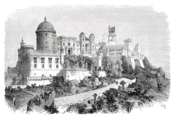 The Pena Palace or Palácio da Pena in Portugal 1861 The Pena Palace ( Portuguese: Palácio da Pena ) is a Romanticist castle in São Pedro de Penaferrim, in the municipality of Sintra, on the Portuguese Riviera. It is a national monument and constitutes one of the major expressions of 19th-century Romanticism in the world. The palace is a UNESCO World Heritage Site and one of the Seven Wonders of Portugal.
Original edition from my own archives
Source : Tour du monde 1861
Drawing : Therond - M. Lefevre - Pannemaker pena palace stock illustrations