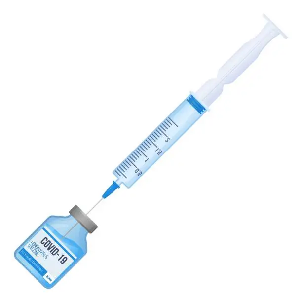 Vector illustration of Taking medcine with syringe from the vial. covid-19 vaccination, coronavirus immunization, health care concept. Stock vector illustration in realistic cartoon style isolated on white background