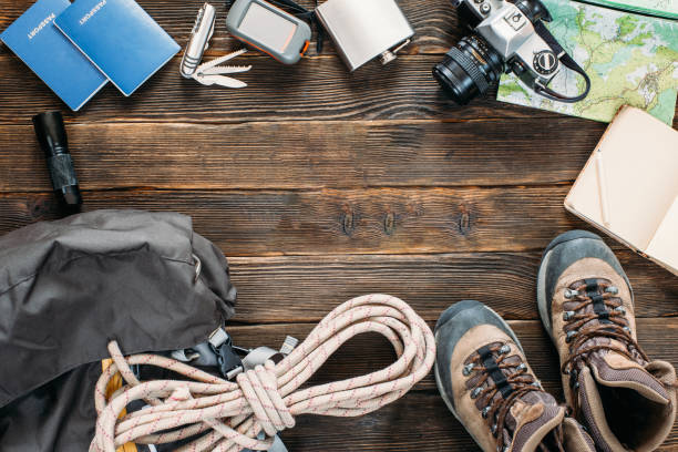 istock Top view travel equipment flat lay, survival gear 1304060709
