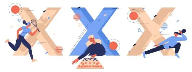 Vector illustration of Sport letters X collection with women training xare game, xiangqi chinese chess and xingyiquan. Female characters smiling and playing
