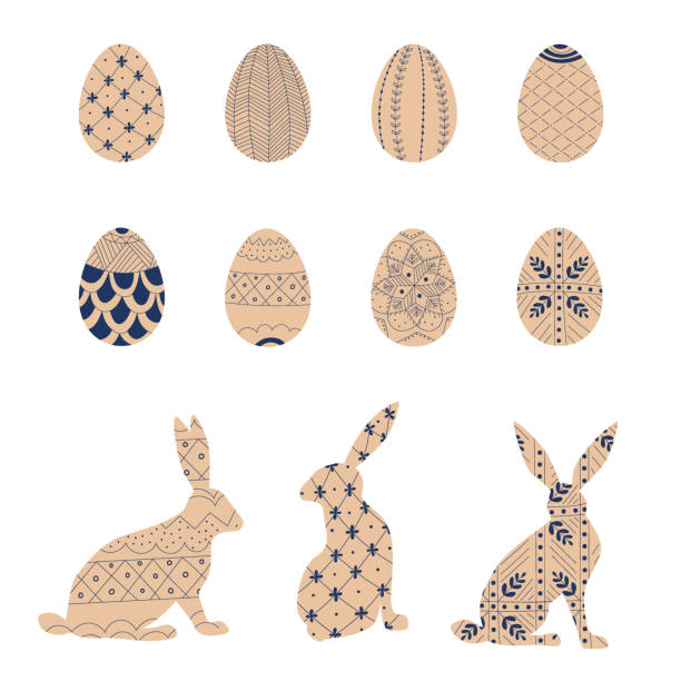 Happy Easter Egg and Bunny Set. Painted Eggs and Rabits. Design Elements in Scandinavian folk style. Happy Easter Egg and Bunny Set. Painted Eggs and Rabits. Design Elements in Scandinavian folk style. Hare with ornament. Hand drawn Vector illustration in flat style isolated on white background. rabits stock illustrations