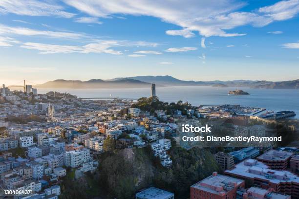 Coit Tower Aerial With Alcatraz Stock Photo - Download Image Now - San Francisco - California, Coit Tower, Alcatraz Island