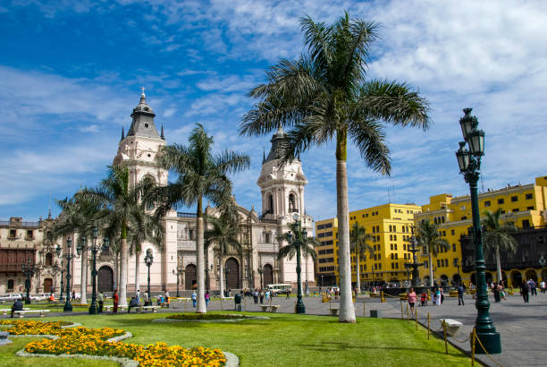 File View over the Plaza Mayor or Plaza de Armas in the historic and Spanish colonial city center of Lima, Peru. lima peru photos stock pictures, royalty-free photos & images