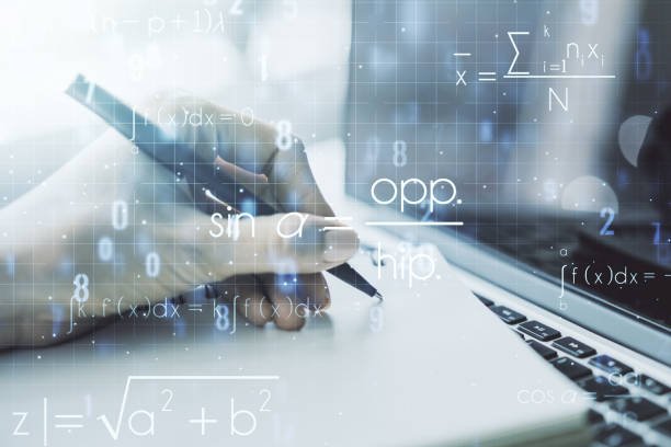 istock Double exposure of creative scientific formula concept with hand writing in notebook on background with laptop, research and development concept 1304066065