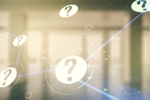 istock Abstract virtual question mark illustration on empty corporate office background. FAQ and search concept. Multiexposure 1304066082
