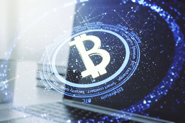 Double exposure of creative Bitcoin symbol hologram with computer on background. Mining and blockchain concept Double exposure of creative Bitcoin symbol hologram with computer on background. Mining and blockchain concept initial coin offering stock pictures, royalty-free photos & images