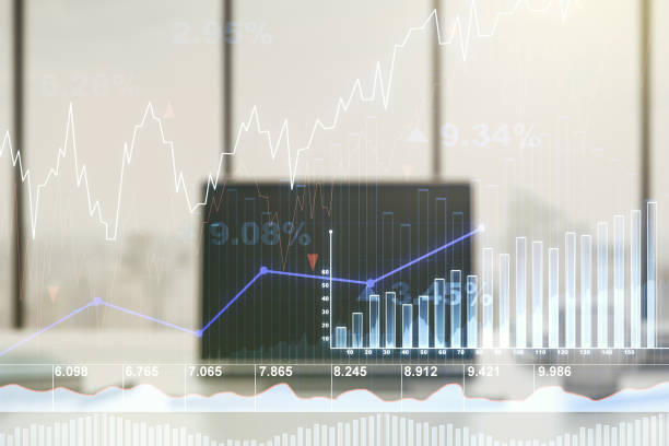 istock Abstract creative financial graph on modern laptop background, forex and investment concept. Multiexposure 1304066130