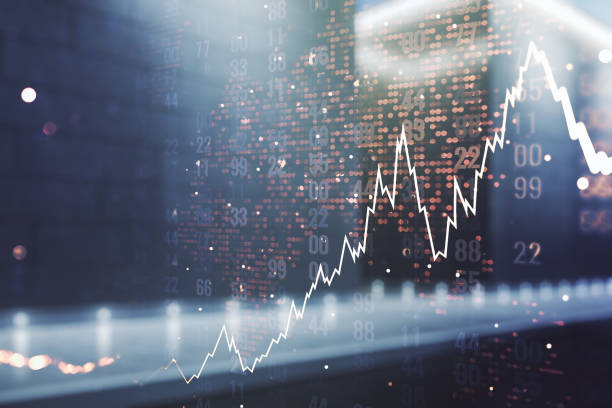 doppia esposizione dell'ologramma astratto del grafico finanziario creativo e della mappa del mondo sul moderno background esterno del business center, sul concetto di ricerca e strategia - quotazione di borsa foto e immagini stock