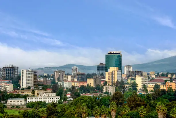 City view over the skyline of Addis Ababa, Ethiopia. The image shows the downtown business district of the city.