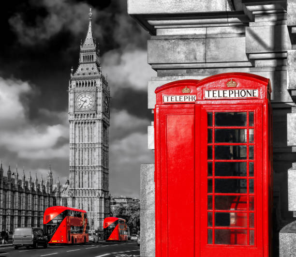 london symbols with big ben, double decker buses and red phone booths in england, uk - big ben london england uk double decker bus imagens e fotografias de stock