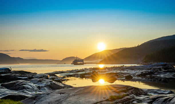 balsa passando pelo rio saguenay em tadoussac durante o pôr do sol com uma bela neblina no fundo e pássaros em primeiro plano - saguenay - fotografias e filmes do acervo