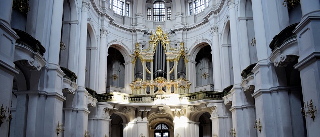 Dresden, Germany - September 19th, 2018: Interior view of the Frauenkirche Dresden. Lutheran church in Dresden.