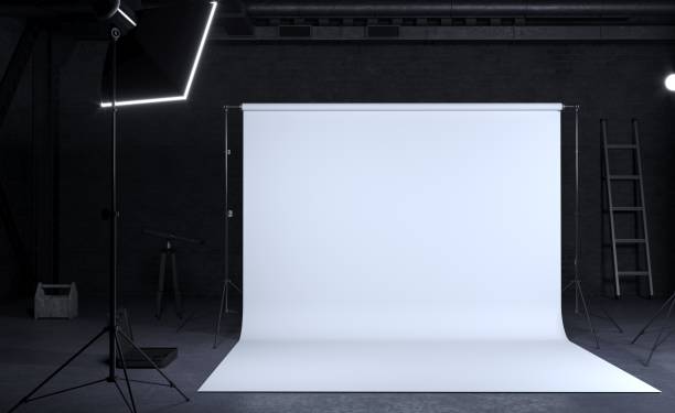 Photo studio room with white background 3D illustration. Photo studio room with white background, Industrial construction. Equipment for shooting. Lighting. Plant or loft photo shoot stock pictures, royalty-free photos & images