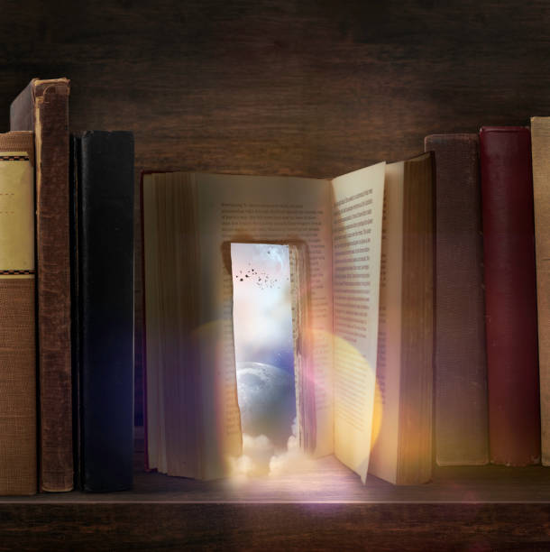 A doorway into a book on a shelf