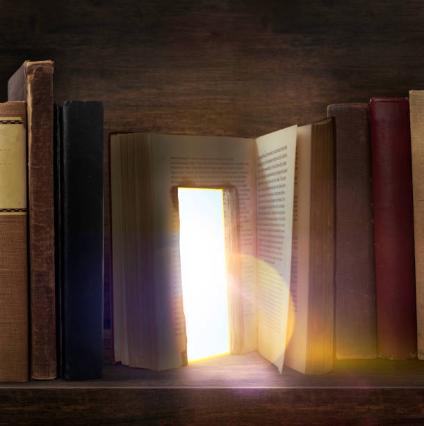 A doorway into a book on a shelf